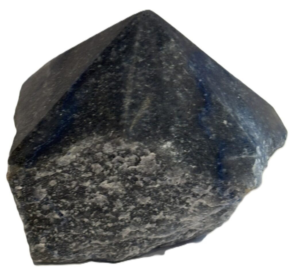 Natural dark blue aventurine standing point with polished facets and raw base sians emporium Dark blue aventurine crystal point featuring smooth polished facets at the top and a rough natural unpolished rock base on a white background